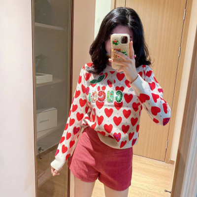 愛心提花針織套頭衫女粉色甜美修身內搭上衣看款加微w18318013116