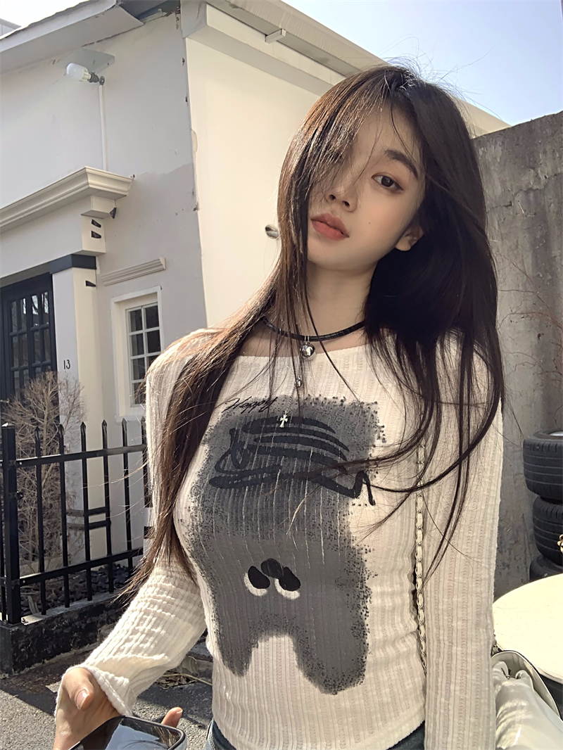 實拍  修身顯瘦豎坑條甜酷印花T恤女