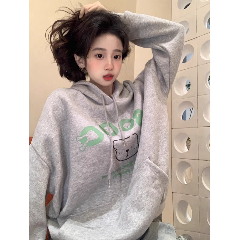 250g velvet Korean style college style fun printed loose and versatile hooded sweatshirt