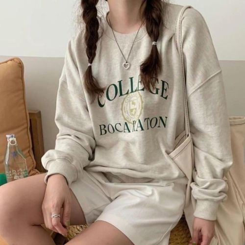 Velvet hooded round neck gray sweatshirt for women in spring and autumn Korean style lazy oversize top for small people