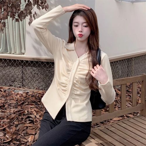 Large size fat MM retro lapel right shoulder waist long sleeve top  autumn and winter new fashion versatile T-shirt for women