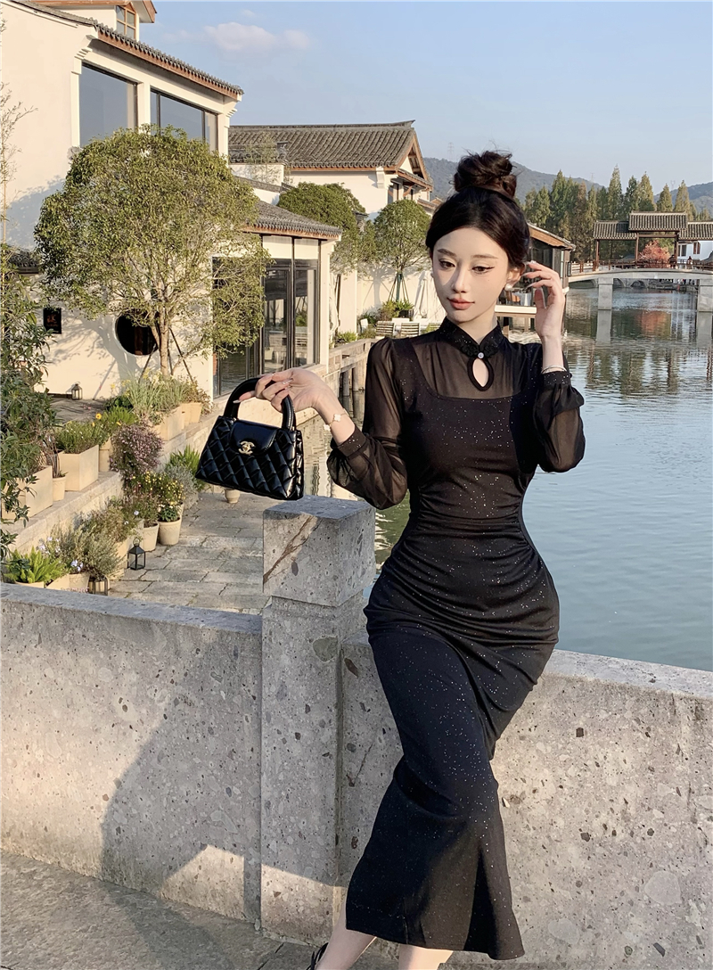 實拍新中式復古改良旗袍裙性感純欲風修身包臀裙法式鏤空亮晶裙子