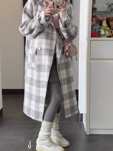 TIDE STUDIOS Korean style gray and pink plaid woolen coat for women winter loose warm temperament top