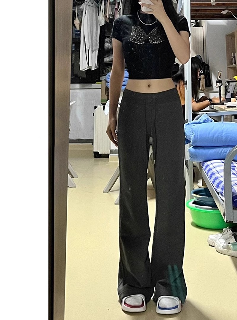 深灰色微喇休閒褲女冬季加絨高腰彈力大碼胖mm顯瘦梨形身材長褲子