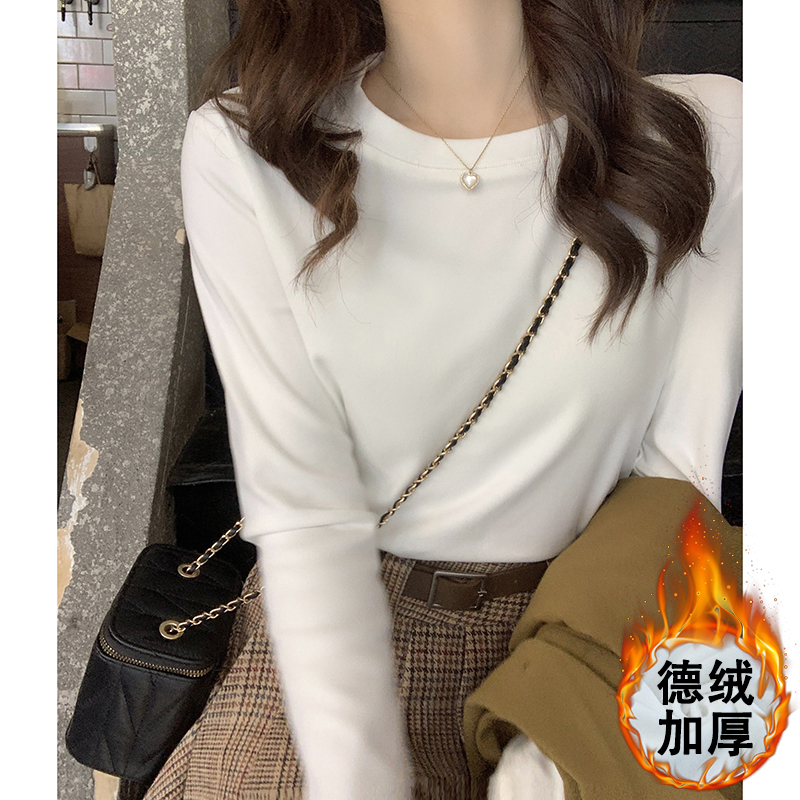 實拍圓領德絨打底衫女秋冬季基礎款修身長袖t恤內搭加厚上衣