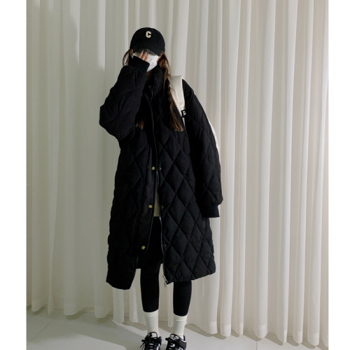 Winter rhombus cotton coat for women  new style mid-length Korean style loose stand-up collar thickened cotton coat trendy