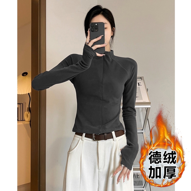 官圖半高領拉鏈插肩長袖t恤女秋冬季德絨打底衫修身顯瘦氣質上衣