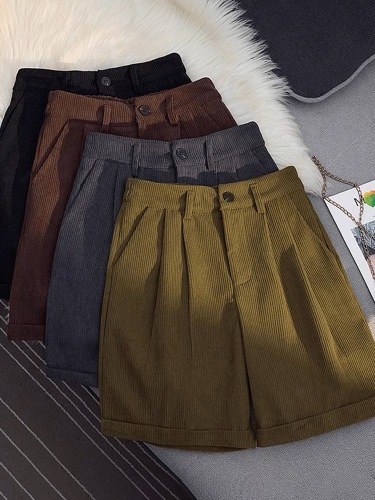 灯芯绒坑条2023秋冬棕色新款日系小个子高腰裤子气质直筒五分裤