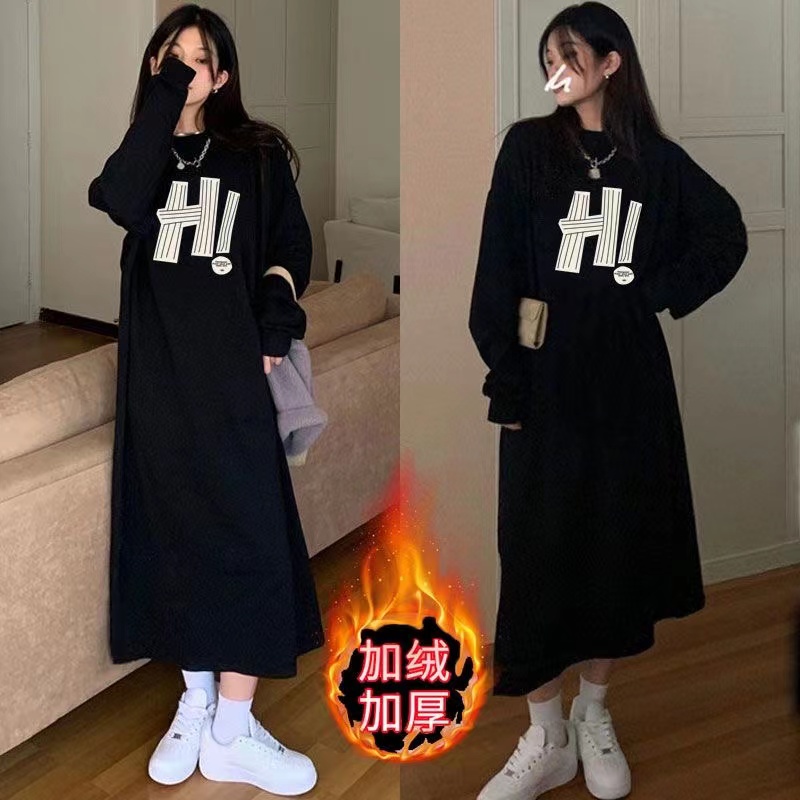 秋冬慵懶風女裝衛衣裙韓版加絨加厚長袖連衣裙設計感寬鬆長裙ins