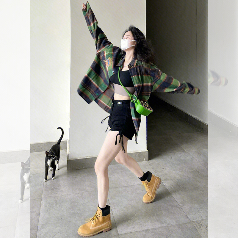 美式復古綠色格子襯衫女款春秋設計感小眾小個子休閒防曬外套上衣
