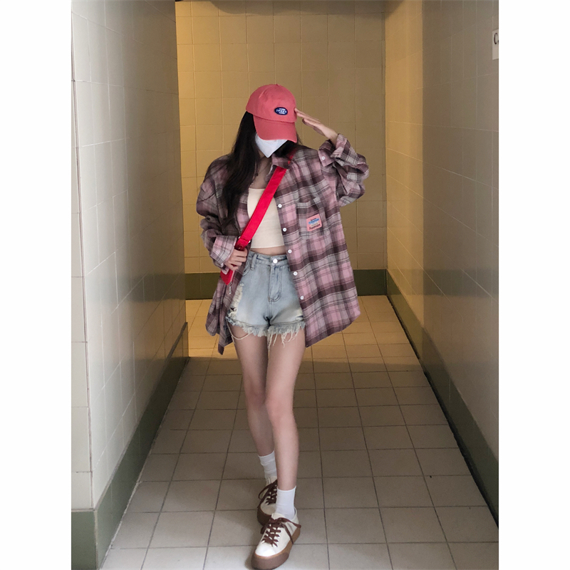 美式格子防曬襯衫上衣夏季2024新款設計感小眾長袖襯衣外套女春秋