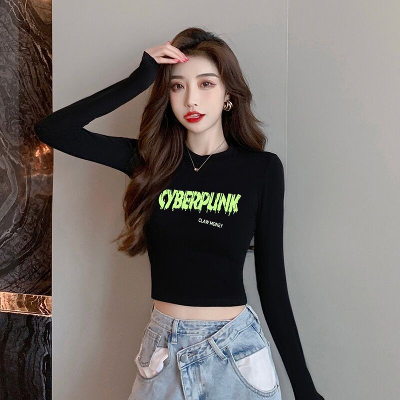 黑色長袖T恤女秋季新款緊身內搭打底衫印花純棉高腰露臍短款上衣