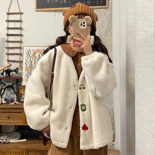 Sweet coat for women in autumn and winter new style Japanese style V-neck placket cartoon embroidered loose and versatile lamb wool top