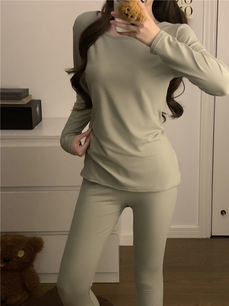 實拍~恆溫薄絨秋衣秋褲保暖內衣彈力圓U領打底衫女套裝