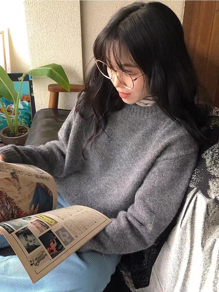 23新款圓領毛衣女秋冬新款韓版ins寬鬆慵懶風加厚針織衫上衣