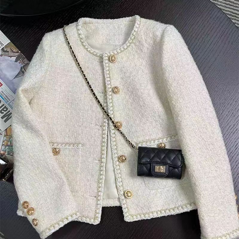 2023 spring and autumn new Korean style off-white French short style small fragrance style lady tweed jacket for women