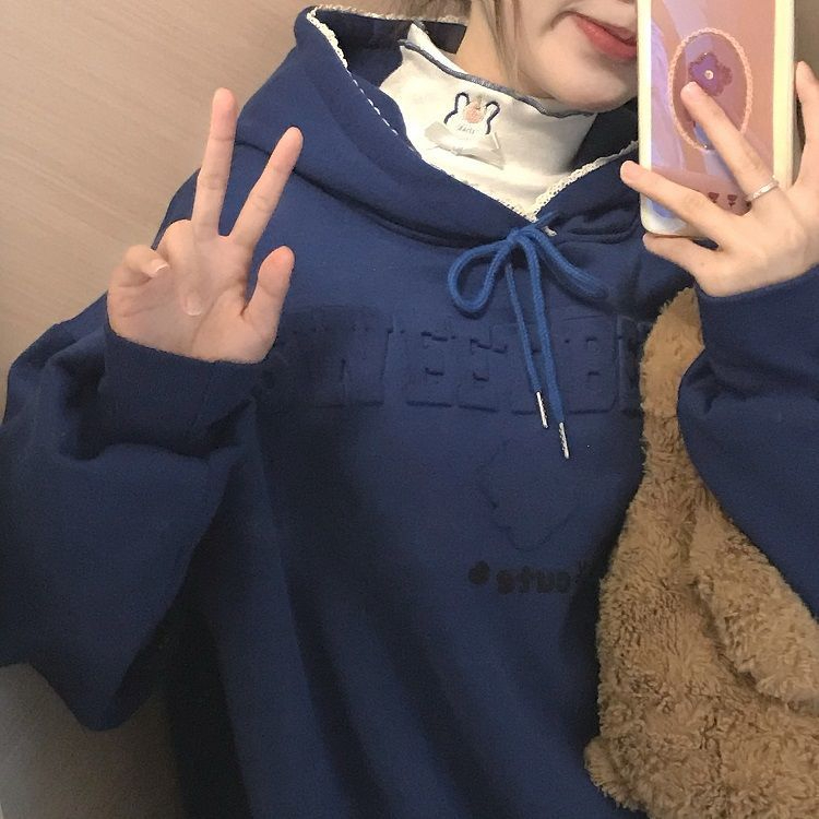 複合衛衣可愛熊克萊因藍印花連帽熊耳衛衣女秋冬款