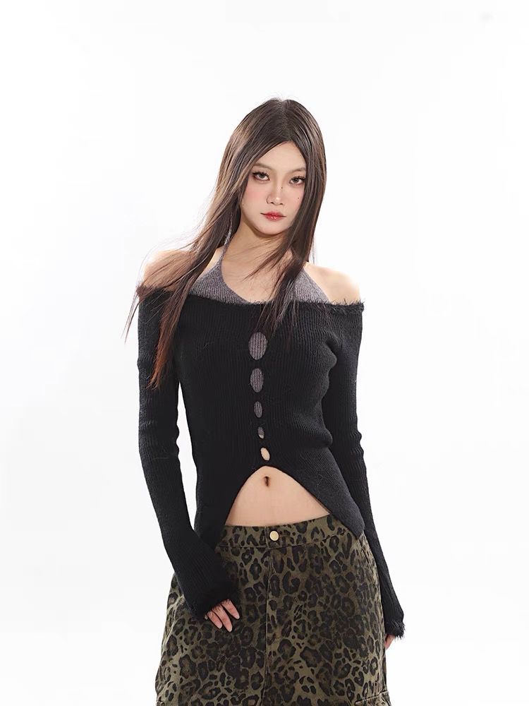 辣味小喵 設計感小眾假兩件針織衫女修身顯瘦內搭上衣