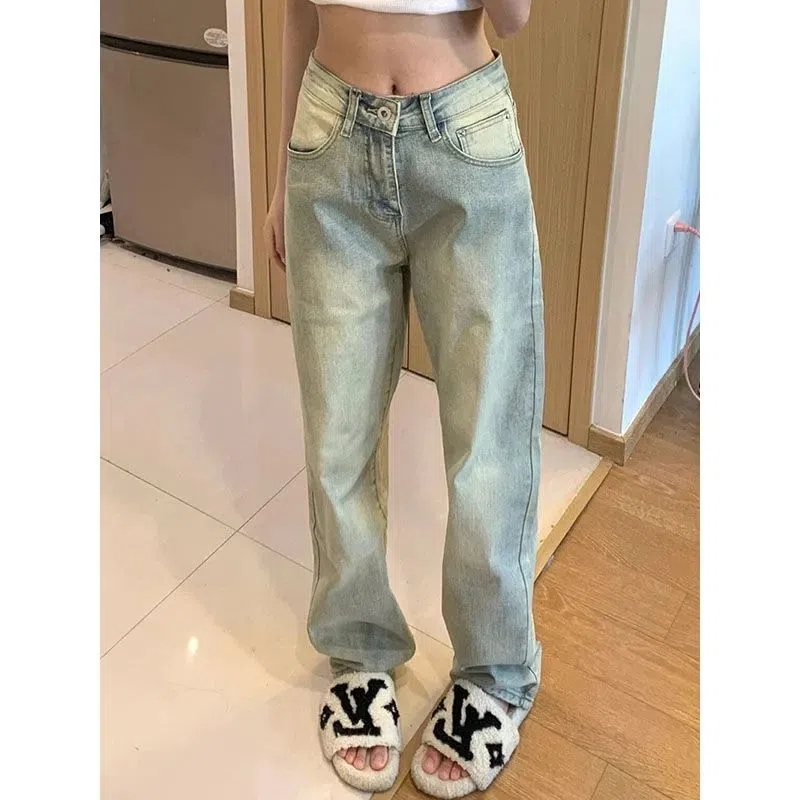 Retro washed distressed yellow mud jeans for women in summer high-waisted slim high-street straight American vibe style pants