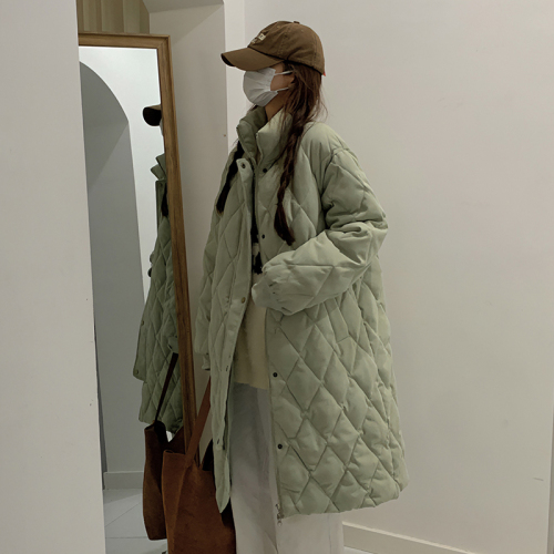 Winter rhombus cotton coat for women  new style mid-length Korean style loose stand-up collar thickened cotton coat trendy