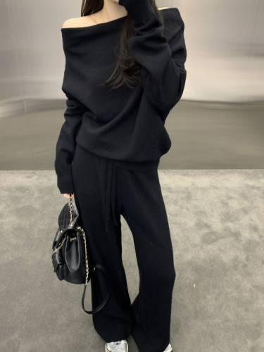 韩国chic新款法式一字领露肩长袖毛衣+针织阔腿裤套装