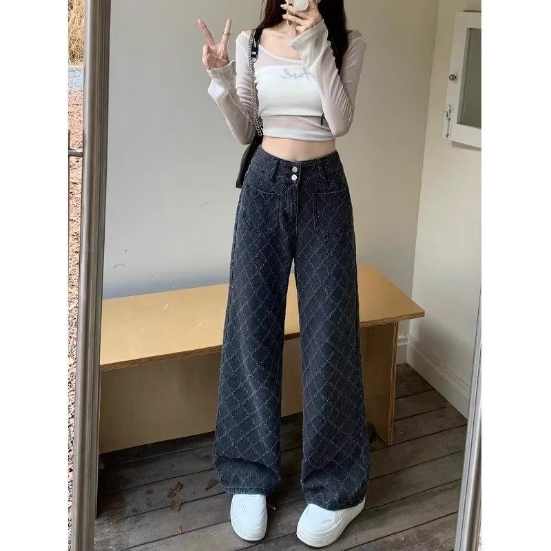 高腰格紋牛仔褲女秋季2023新復古款直筒寬鬆顯瘦闊腿拖地褲子