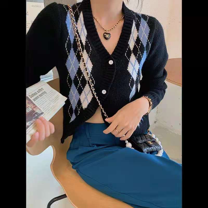短款菱形毛衣外套女早秋上衣小個子設計感小眾日系復古針織開衫潮