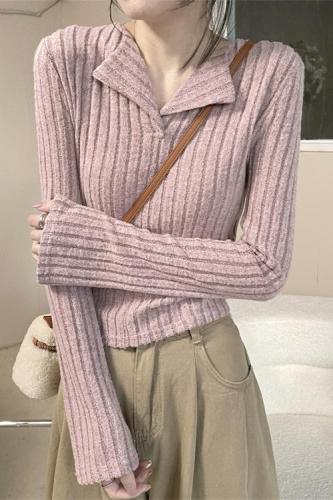 Pink knitted bottoming shirt for women in autumn and winter, pinch waist short half-open v-neck top