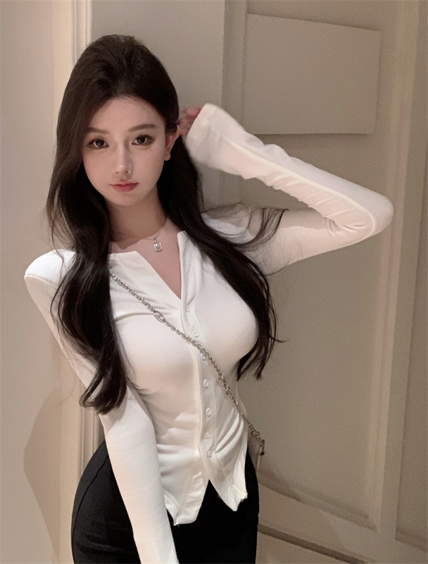 實拍～ 氣質V領薄絨不規則長袖修身顯瘦t恤辣妹女打底衫上衣