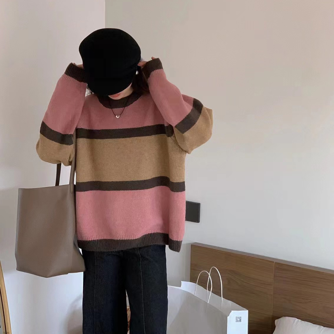 實拍~歐洲站軟糯毛衣秋冬新款慵懶風撞色條紋寬鬆加厚針織衫上衣