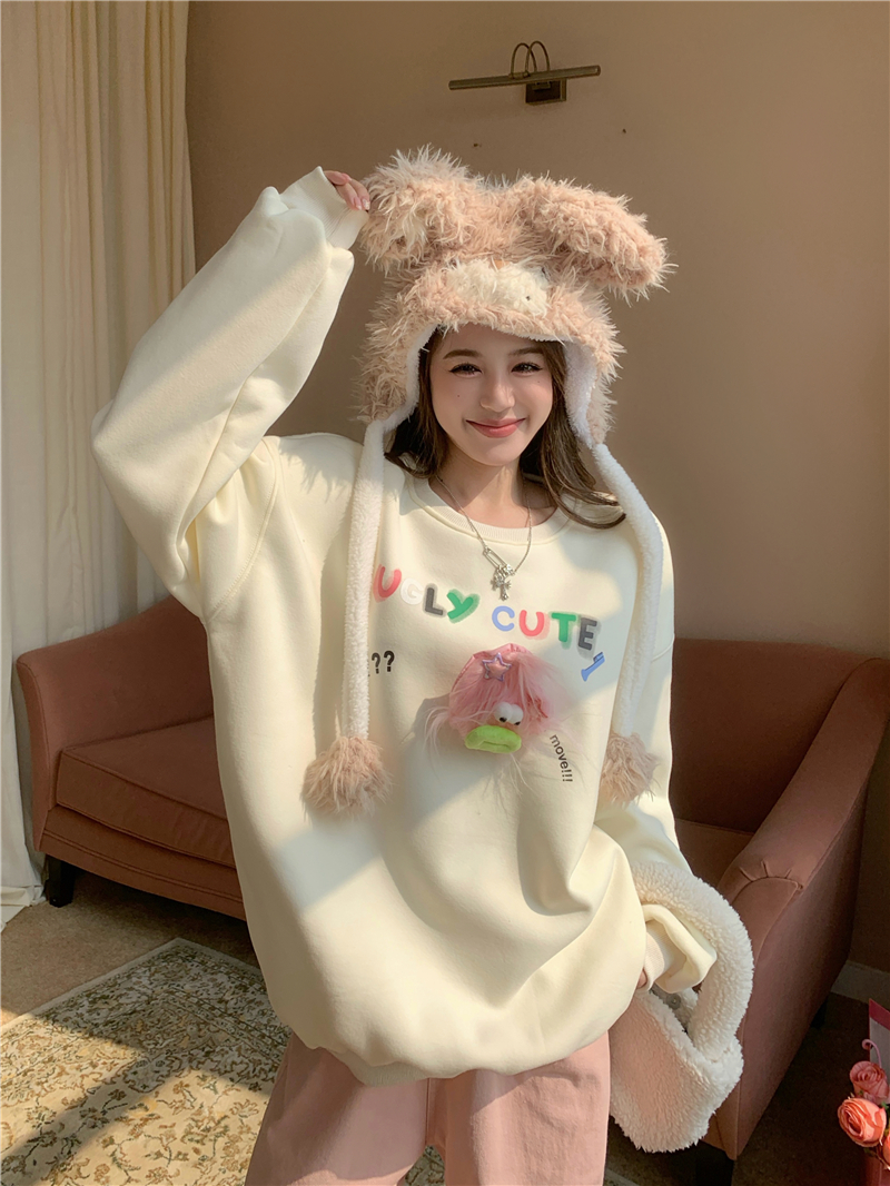 Actual shot~Round-neck funny doll printed letters plus velvet sweatshirt, lazy style loose and versatile top