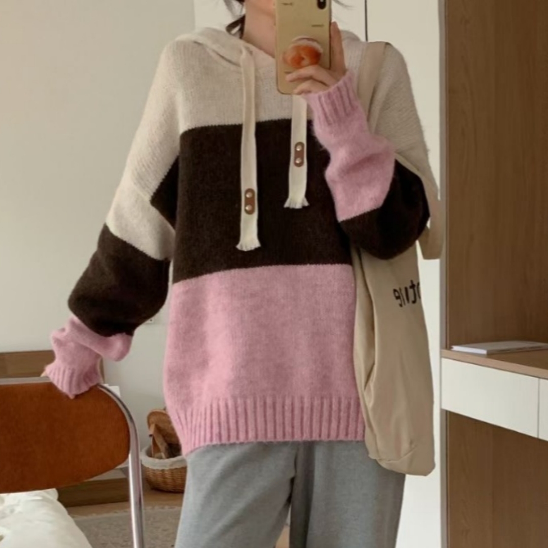 韓系條紋撞色減齡寬鬆套頭上衣慵懶風秋冬內搭連帽休閒衛衣毛衣女
