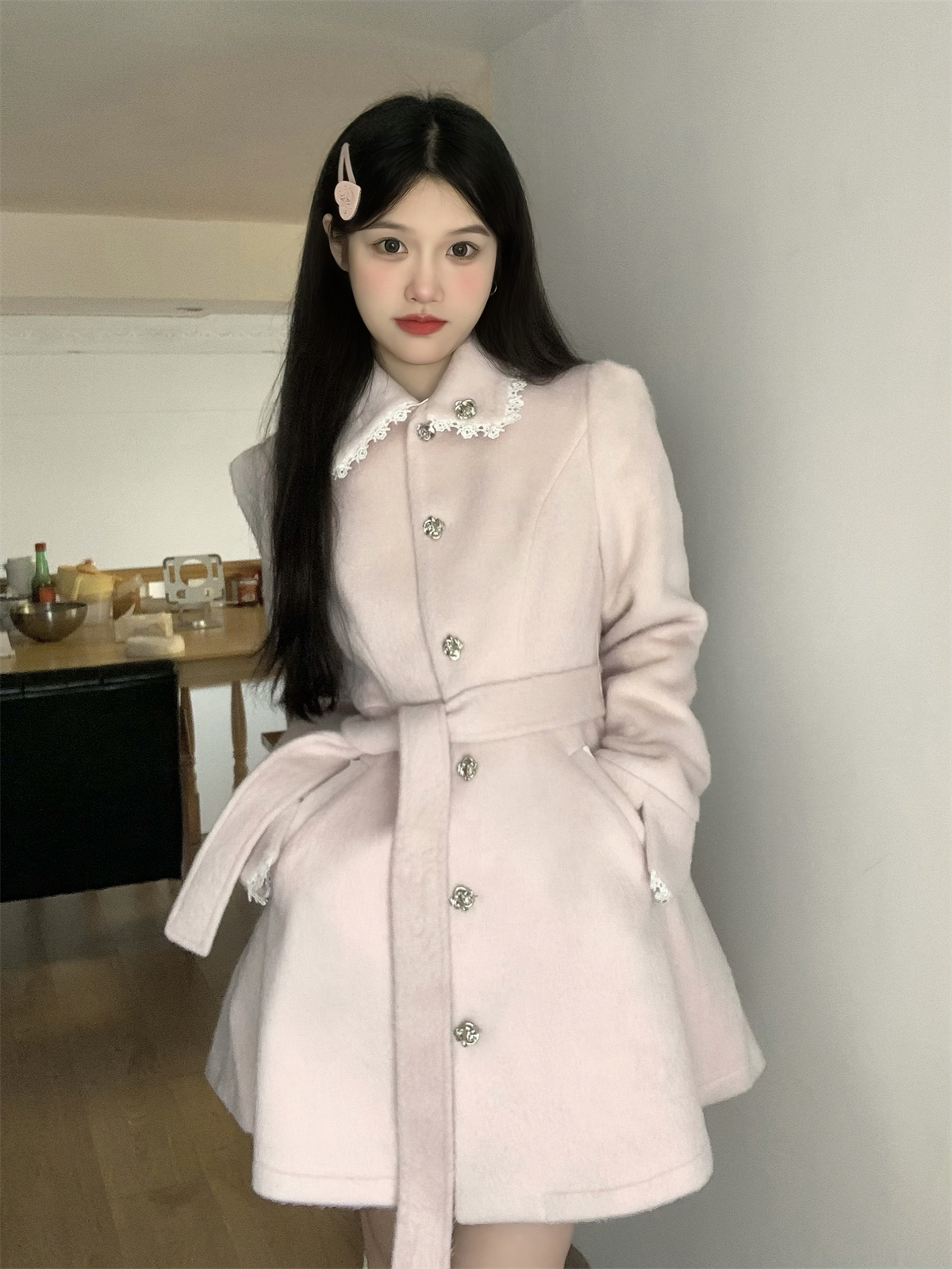 實拍#粉色小個子中長款收腰毛呢大衣外套女秋冬