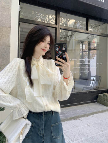 Photographed Autumn New Korean Style Stand Collar Bow Tie Laced Long Sleeve Women's Inner Wear Padded Top