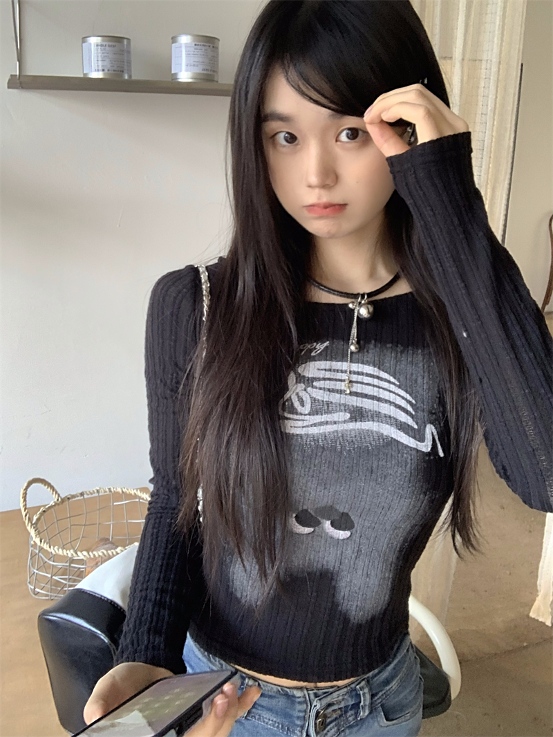實拍  修身顯瘦豎坑條甜酷印花T恤女
