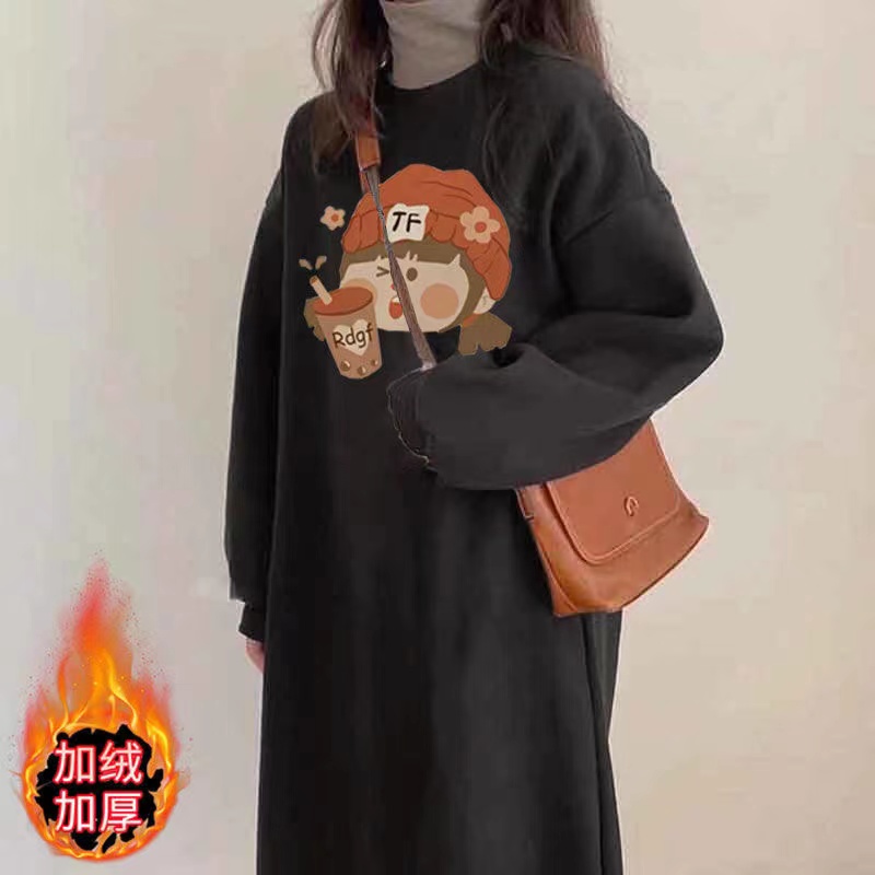 時尚字母印花慵懶風衛衣裙子韓版加絨加厚中長款長袖開叉連衣裙潮