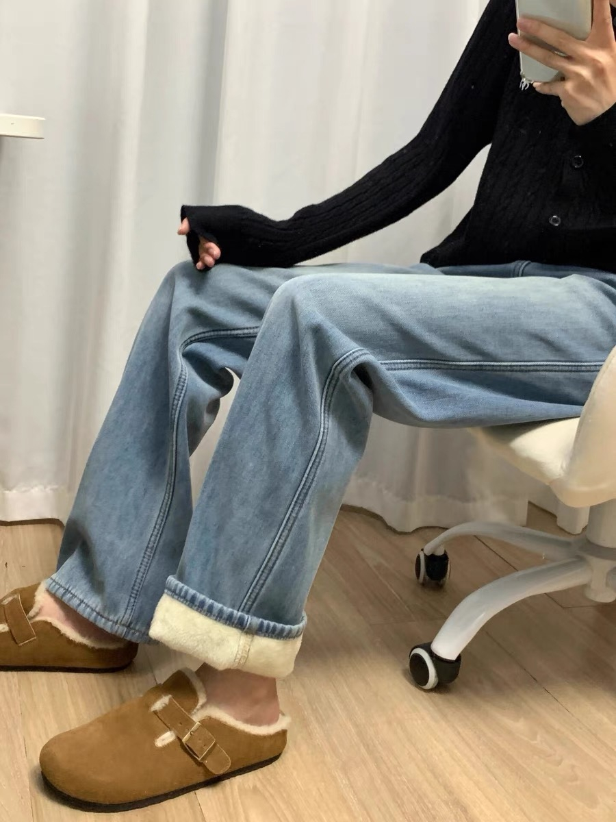 加絨加厚藍色直筒牛仔褲女秋冬新款美式復古高腰顯瘦闊腿拖地褲子