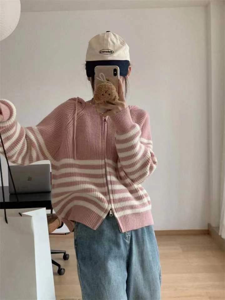 韓版撞色條紋連帽毛衣女秋冬新款寬鬆慵懶風休閒雙頭拉鏈針織衫女