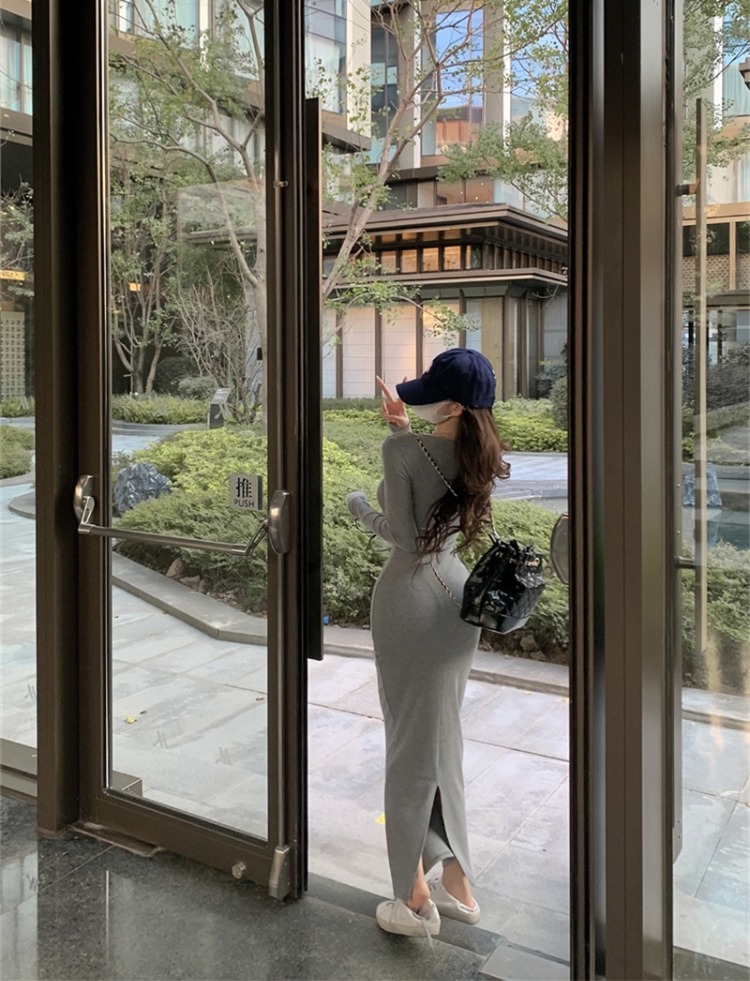 實拍 秋冬新款打底連衣裙辣妹方領修身包臀開衩長裙