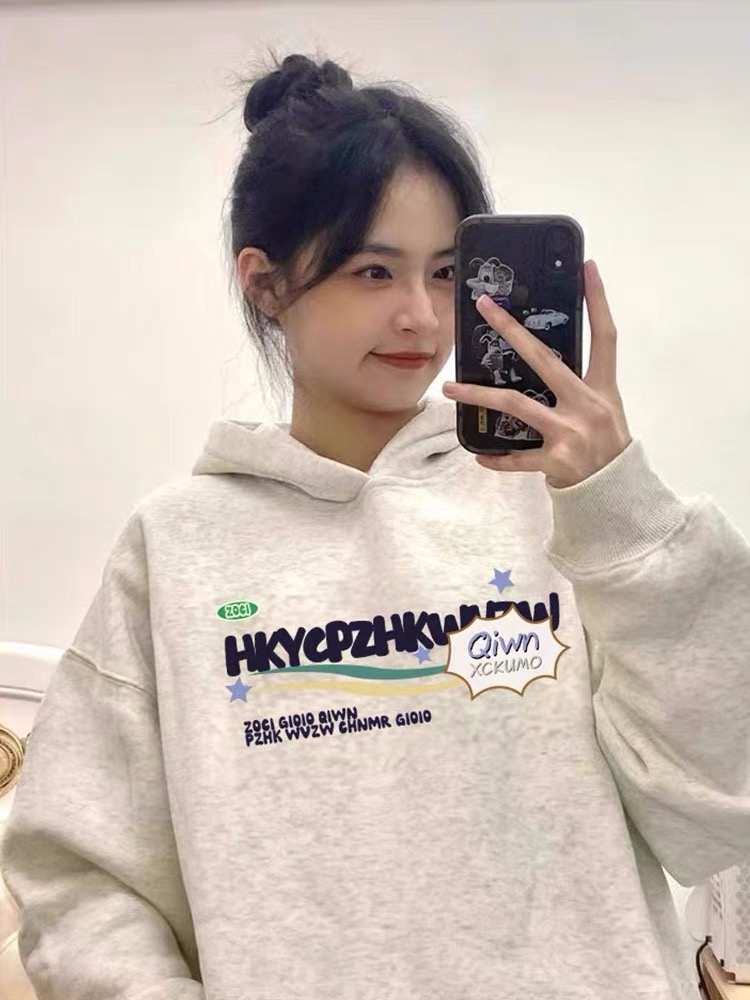 加絨250g 美式慵懶風設計印花寬鬆百搭連帽衛衣