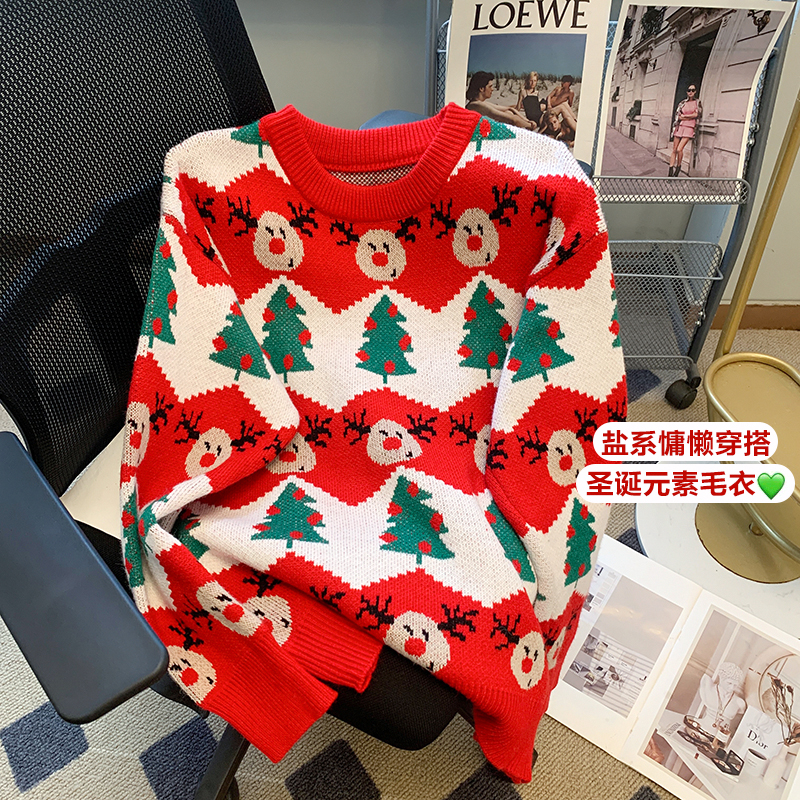 網紅情侶裝紅色毛衣秋冬2023新款慵懶風聖誕節復古寬鬆加厚針織衫