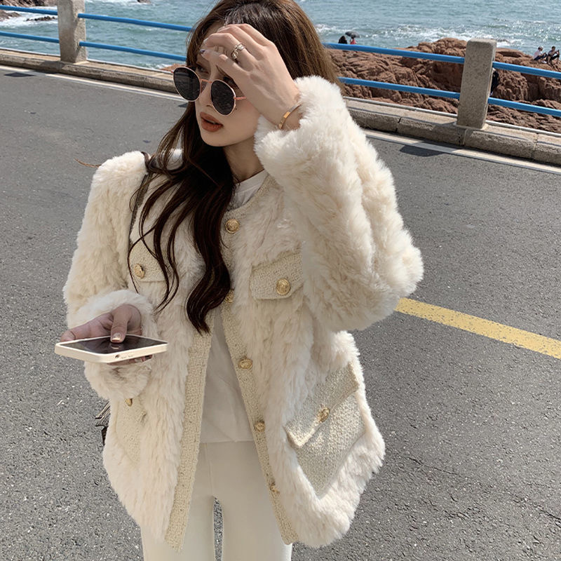 Fur small fragrant style coat for women in winter new high-end cocoa imitation rabbit fur coat thickened round neck internet celebrity cotton coat