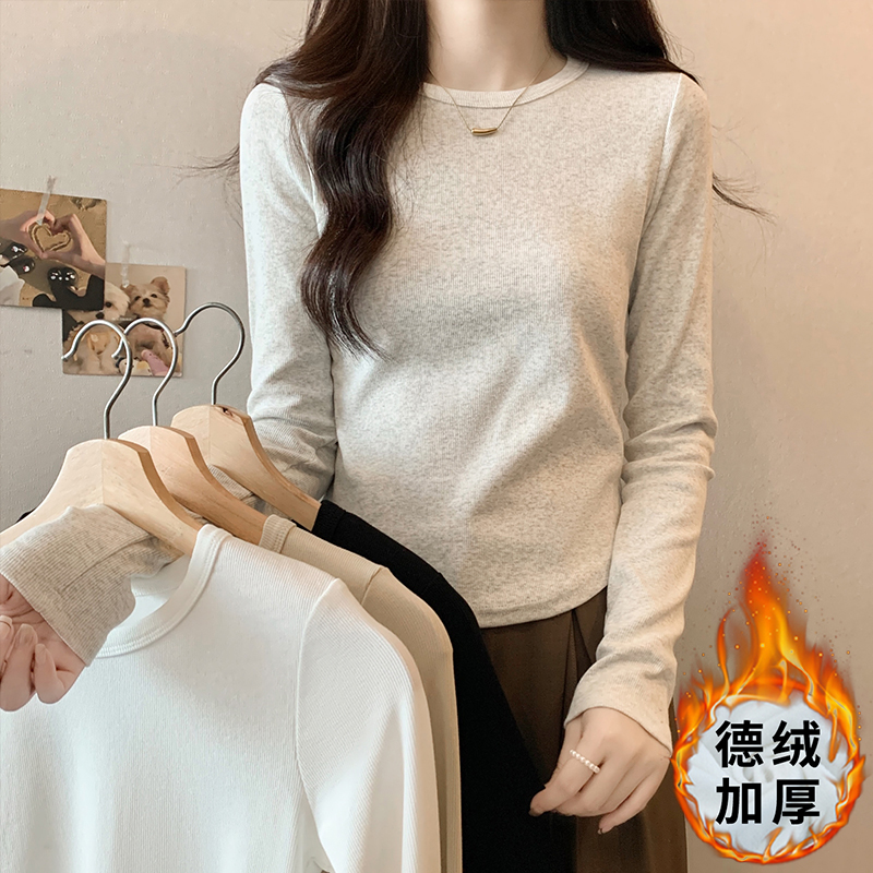 Real shot of round neck German velvet bottoming shirt for women in autumn and winter solid color long-sleeved T-shirt with slim right shoulder high waist top
