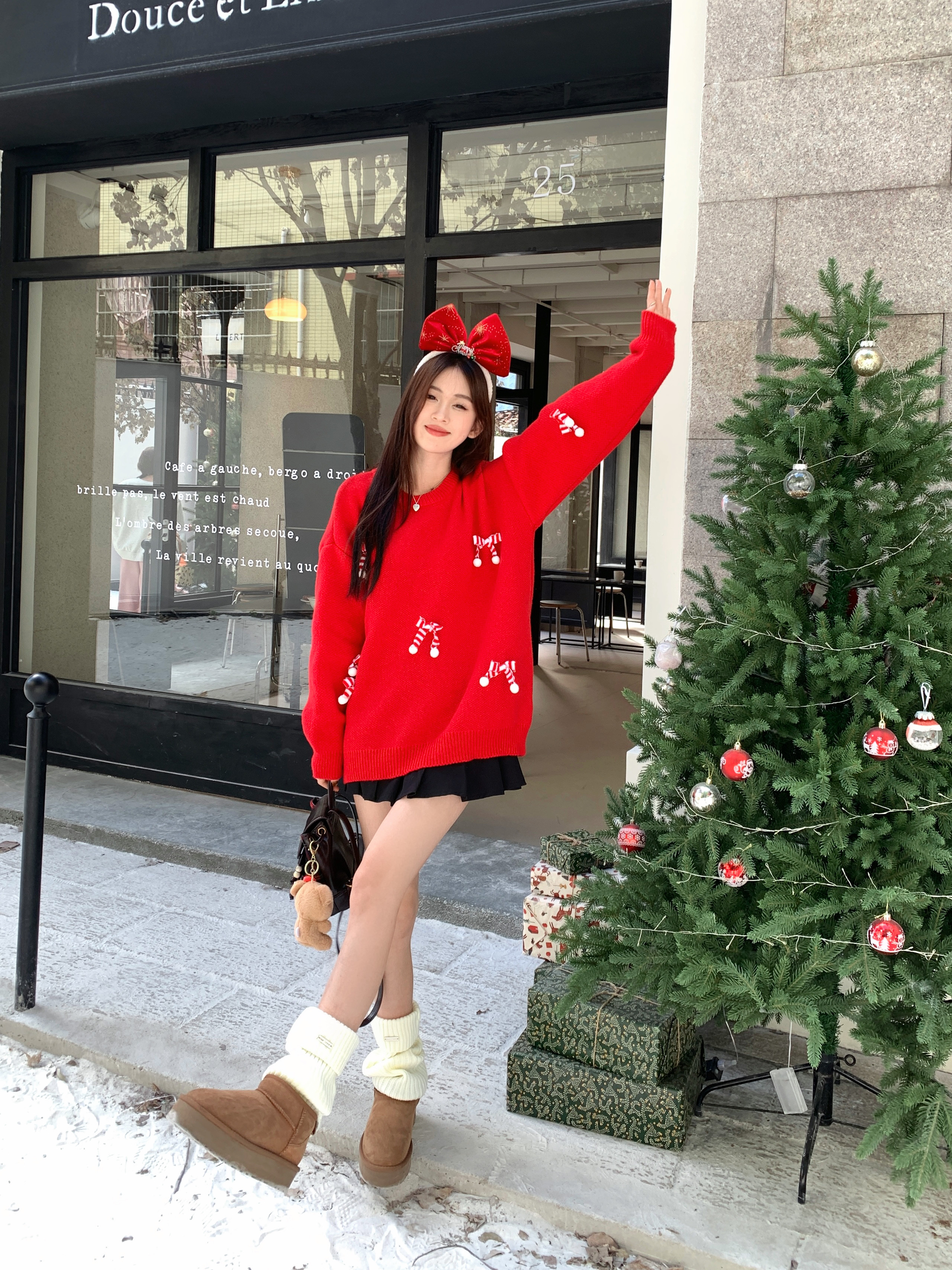 Real shot of sweet and gentle style Christmas sweater for women with breasts fufu lazy style doll collar atmosphere top