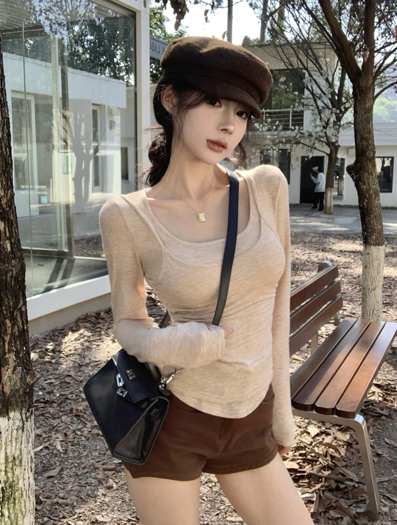 實拍秋冬純欲辣妹風吊帶背心+U領長袖T恤兩件套內搭打底上衣