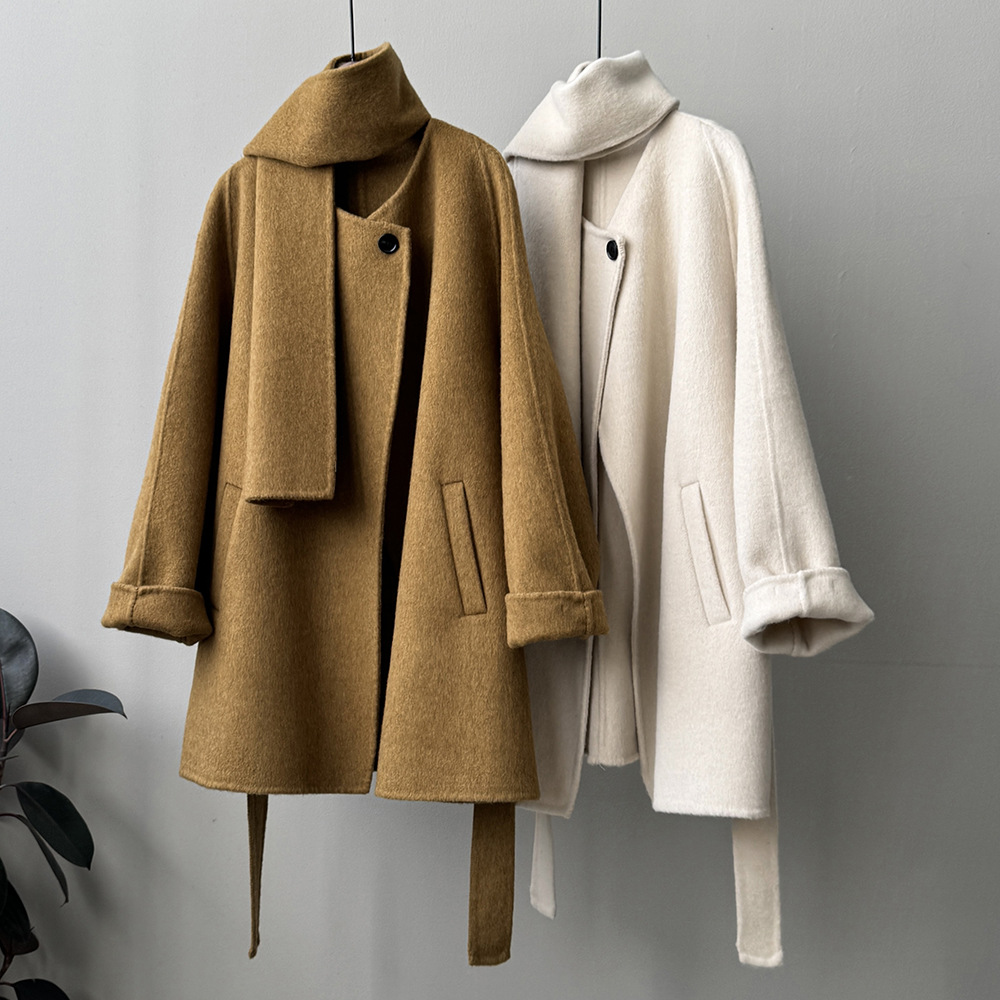 Real shot~Korean style double-sided woolen coat for women 2023 winter scarf tie waist mid-length coat