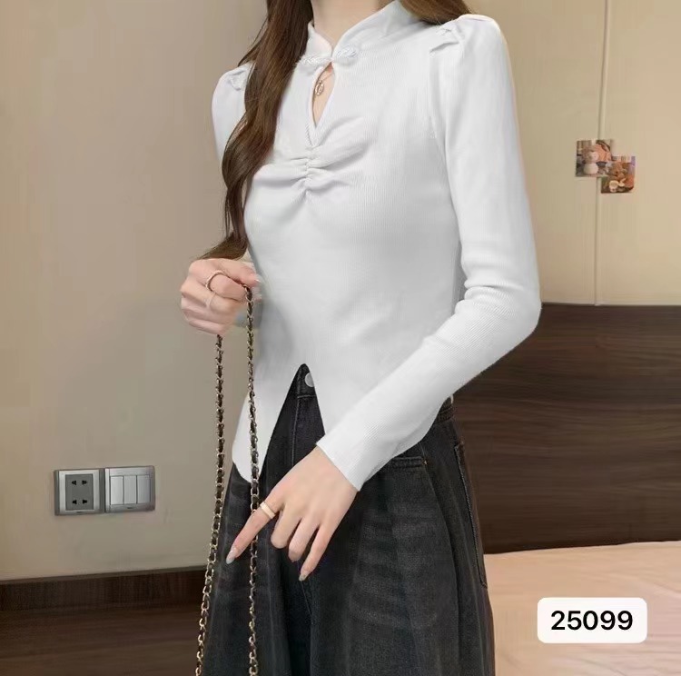2023秋冬新款新中式國風盤扣泡泡袖開叉長袖上衣女