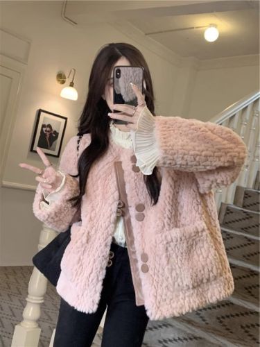 Korean soft fur coat for women winter  new thickened high-end design loose long-sleeved cotton coat