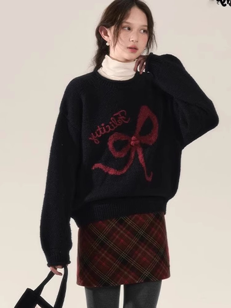 甜美加厚蝴蝶結套頭上衣女秋冬季新款寬鬆軟糯慵懶風圓領長駝毛衣