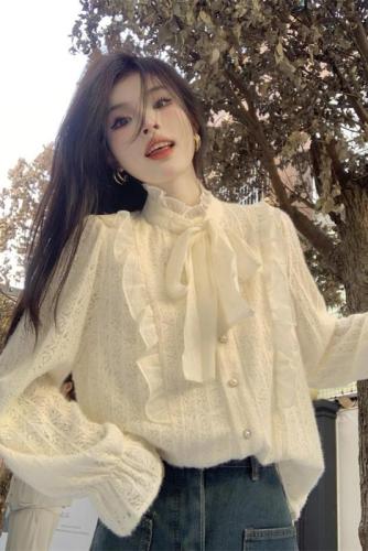 Photographed Autumn New Korean Style Stand Collar Bow Tie Laced Long Sleeve Women's Inner Wear Padded Top